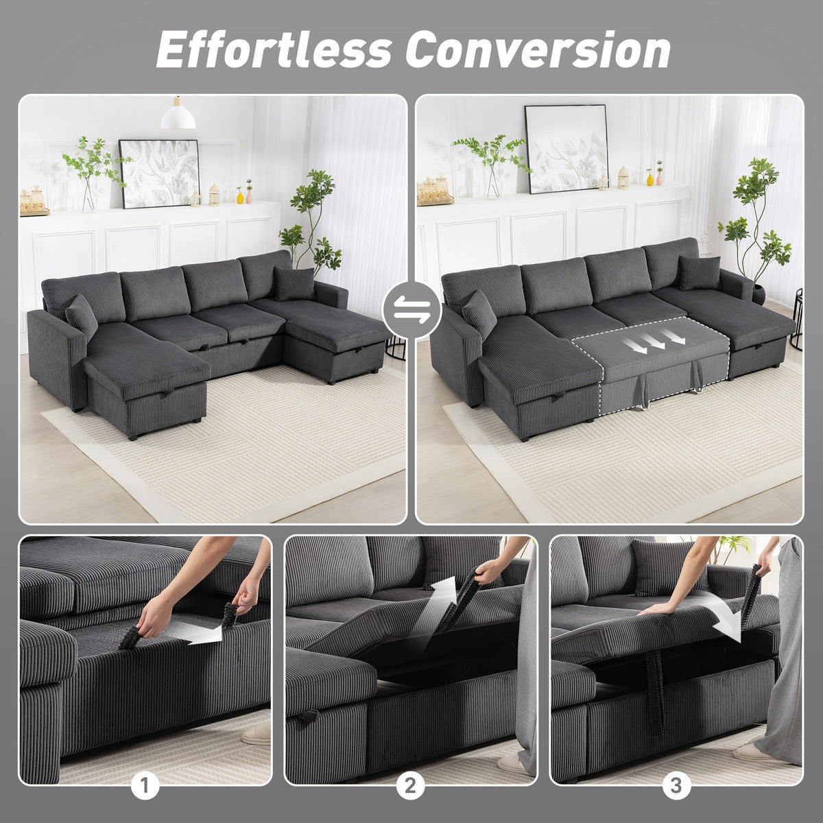 Convertible Sofa Bed, Corduroy U-Shaped Sleeper Sofa Couch with Storage Chaise, Pillows, Spring, Futon Couch, Grey