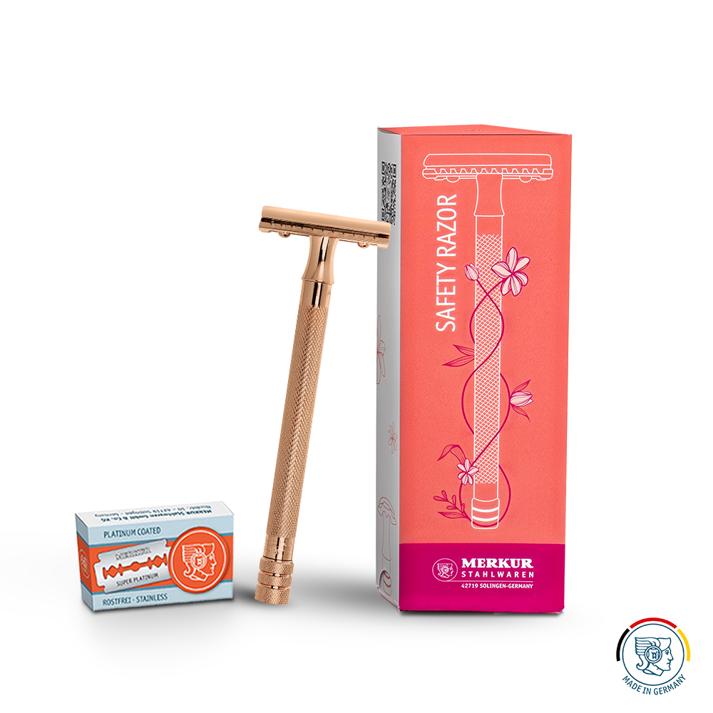 Merkur 3-Piece Ladies DE Safety Razor, Closed Comb, Knurled Extra Long Handle, Rose Gold, Pink Box