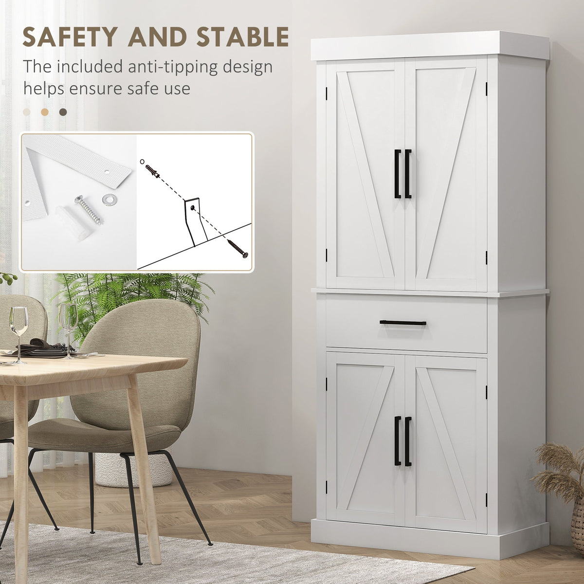 72" Kitchen Storage Cabinet, Farmhouse Kitchen Pantry Cabinet with 4 Barn Doors, Drawer, Adjustable Shelves, Black