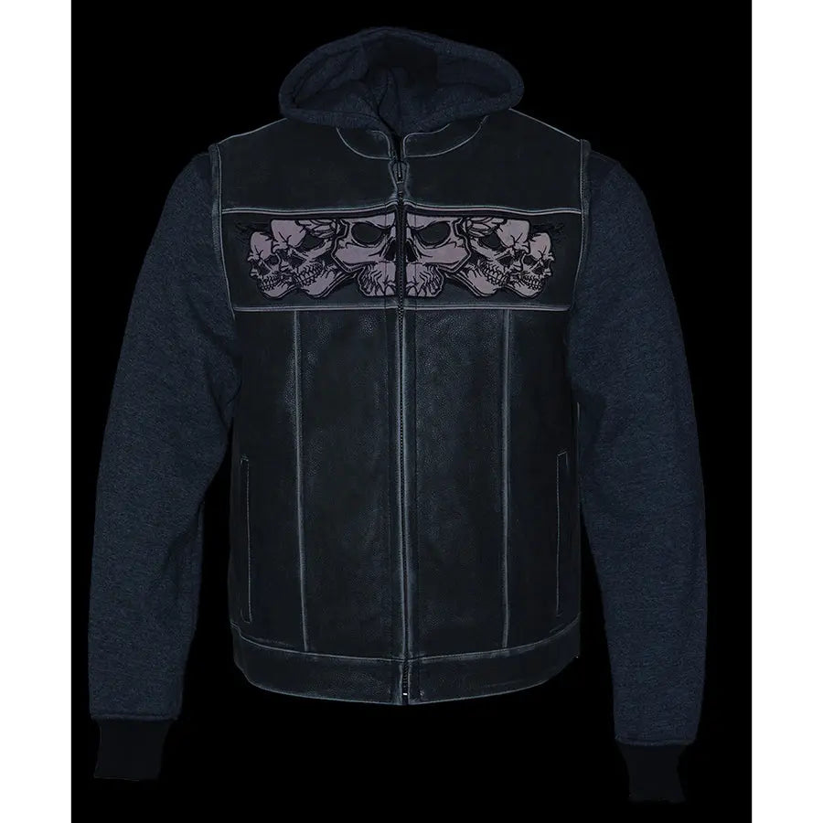 Milwaukee Leather Men's Black Leather Vest with Reflective Skulls & Full Hoodie Liner