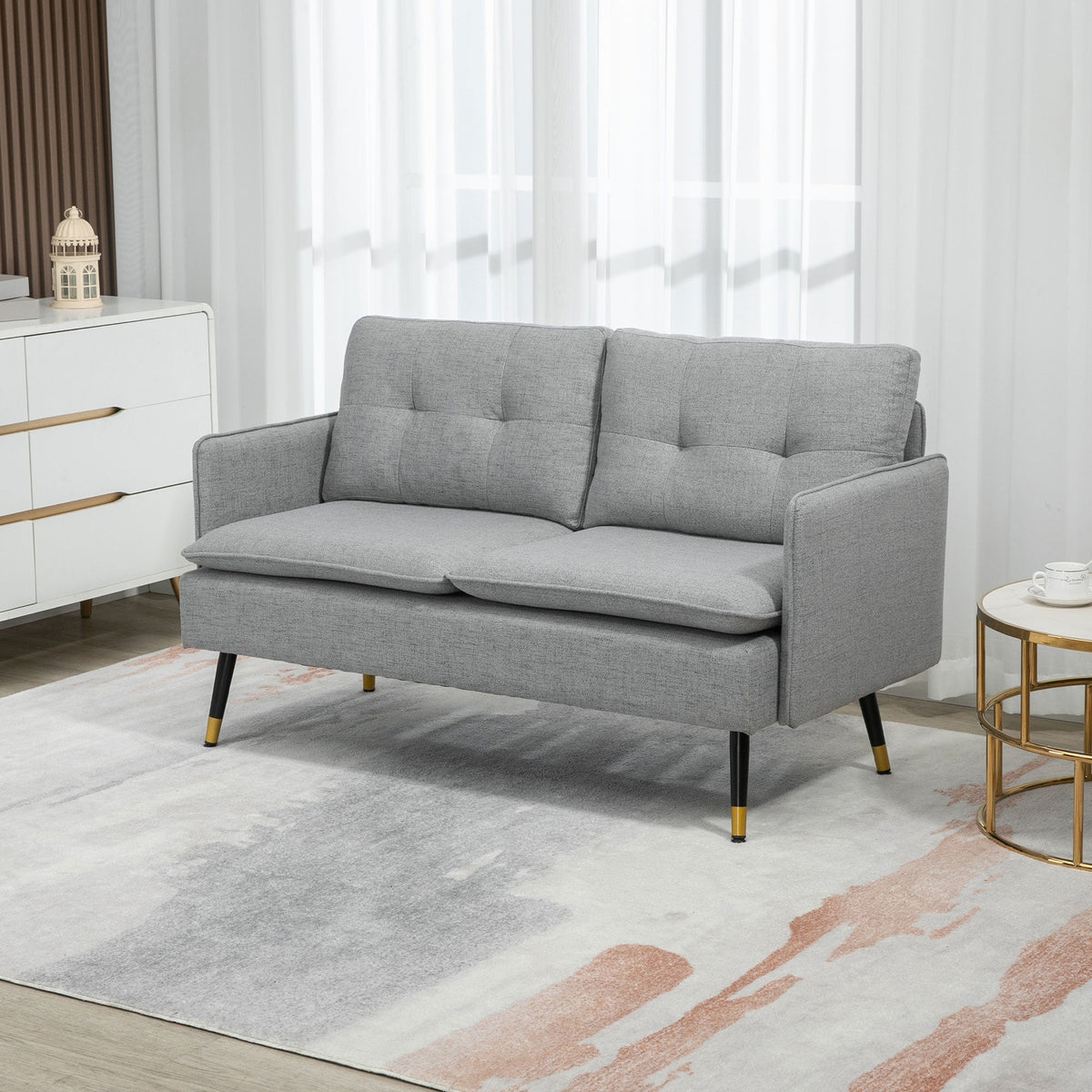 55" Loveseat Sofa, Linen Love Seat w/ S spring, Steel Legs and Button Tufting, Small Couch for Living Room, Dark Grey