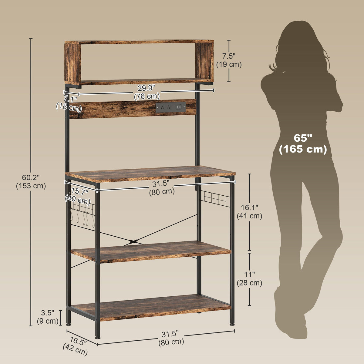 Baker's Rack with Charing Station, Microwave Shelf with Power Outlet, USB Charger and 5 Hooks, Black