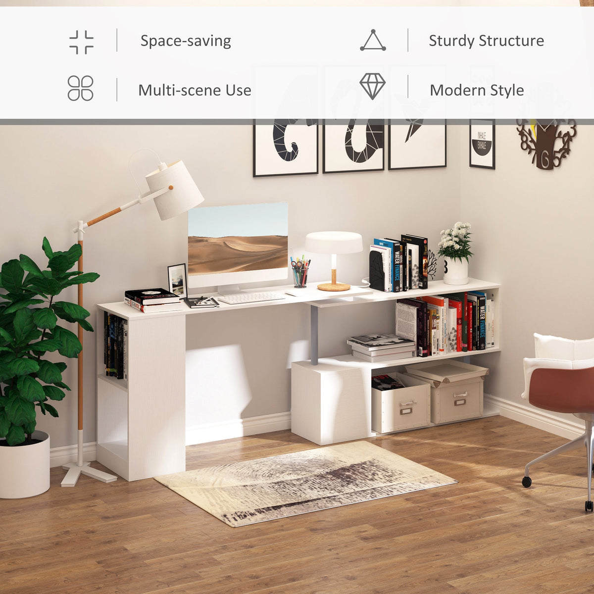 55" Corner Computer Desk, 360° Rotating L-Shaped Desk, Home Office Workstation with 3-Tier Shelves, Bookshelf, Black