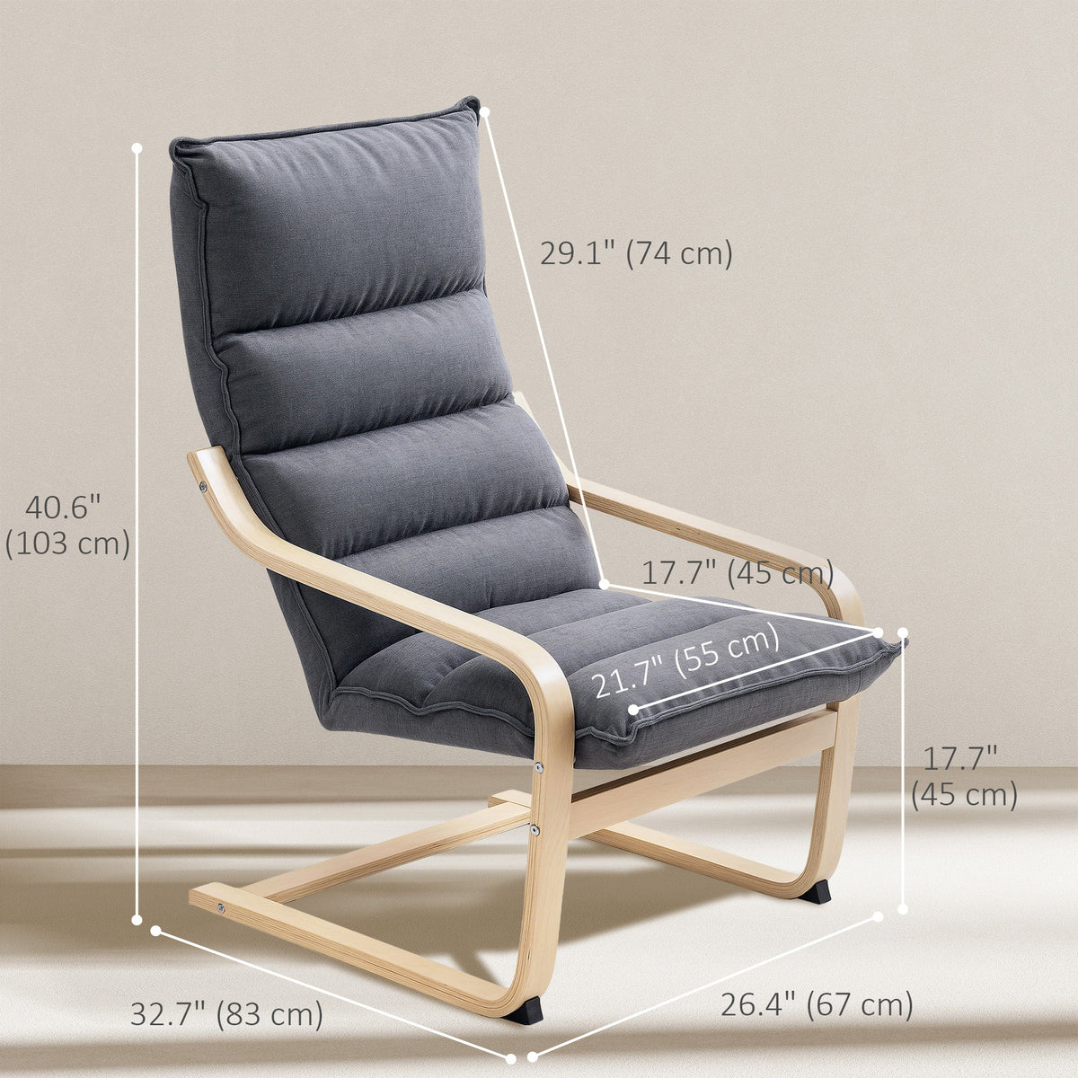 Birch Wood Fabric Modern Armchair, Accent Chair with Curved Leg and Arm for Living Room, Cream White