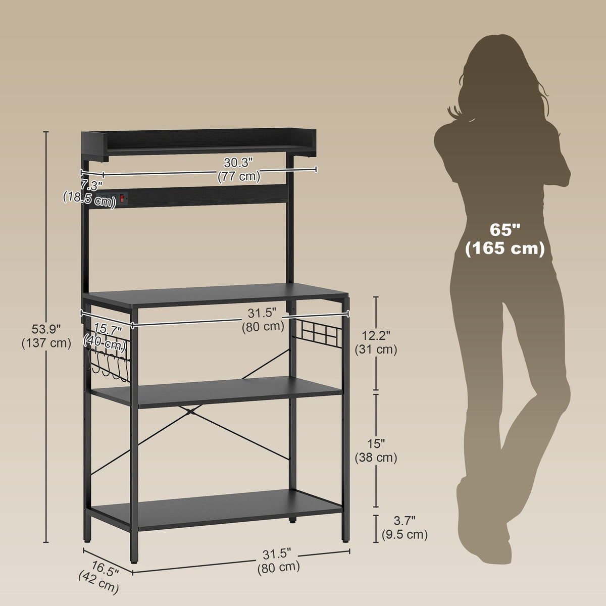 Kitchen Baker's Rack with Power Outlet, Coffee Bar Station with Adjustable Shelves and Hooks, Distressed Grey