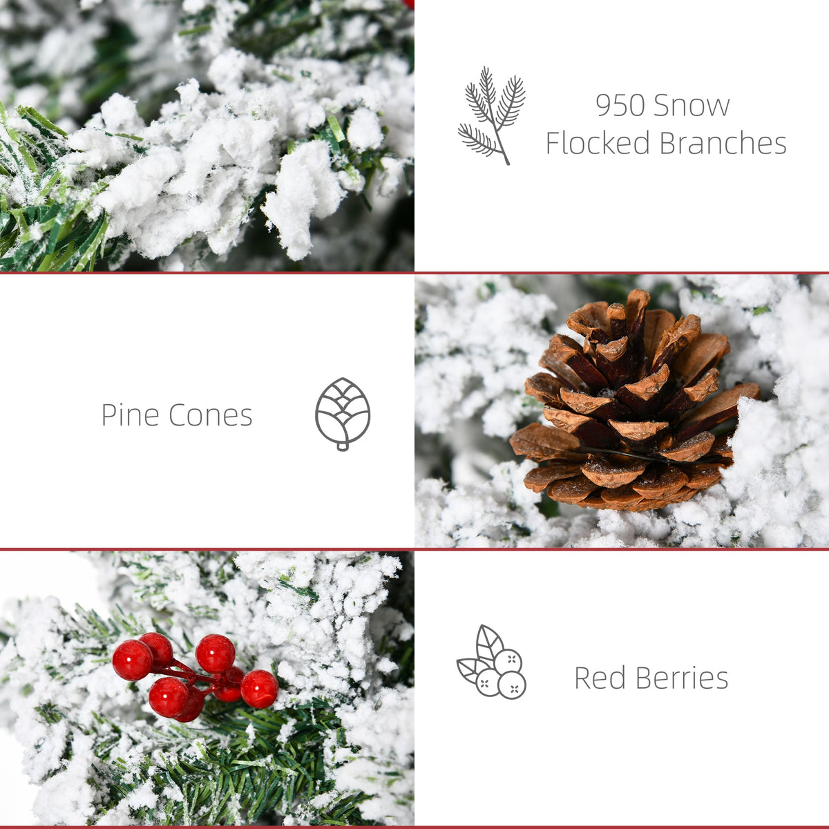 6 Foot Pencil Snow Flocked Artificial Christmas Tree with 600 Pine Realistic Branches, Pine Cones, Red Berries, Auto Open, Green