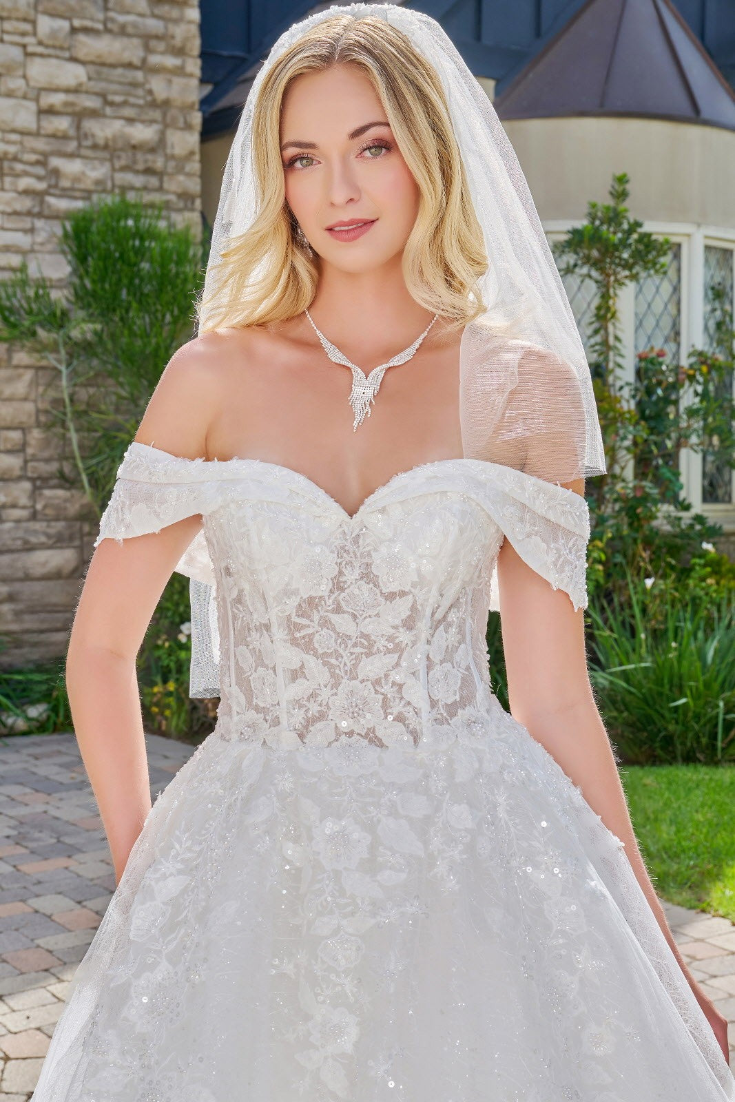 Double Fold Over Off-Shoulder Strap V-Neckline Ball Gown Wedding Dress