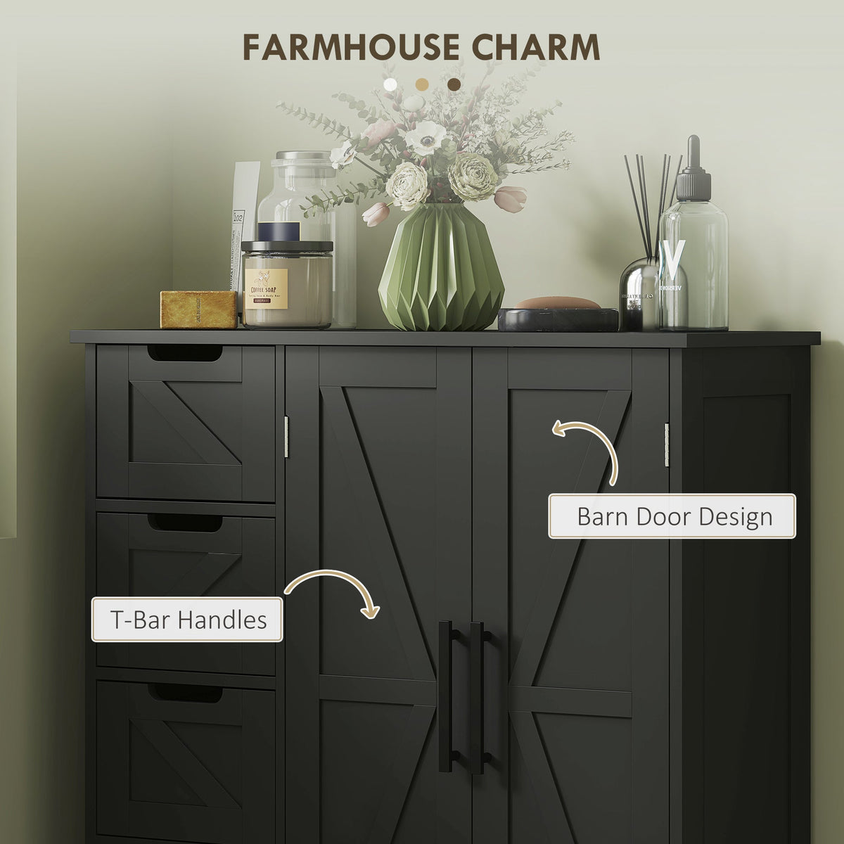 Bathroom Floor Cabinet, Farmhouse Bathroom Storage Cabinet with Adjustable Shelf, Black