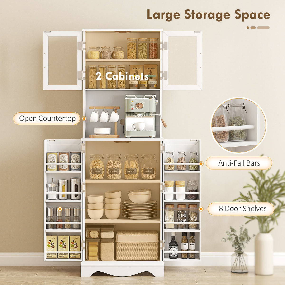 71" Kitchen Pantry Cabinet, Freestanding Kitchen Hutch with 8 Door Shelves, Adjustable Shelf and Acrylic Doors, Black