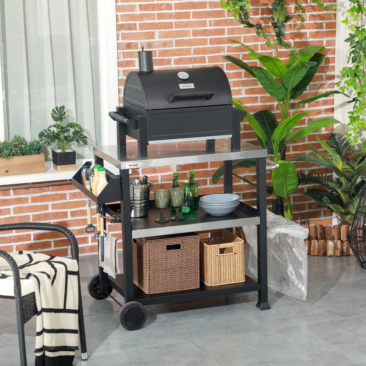 3-Shelf Outdoor Grill Cart Table with Side Handle, Stainless Steel Pizza Oven Stand on Wheels, Black