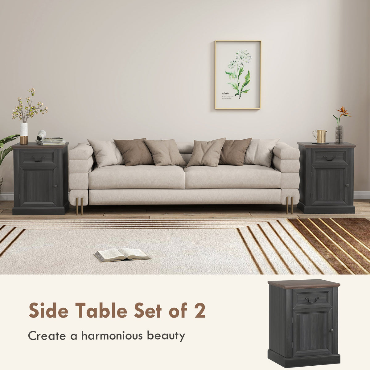 Side Table Set of 2, End Tables with Drawer and Cabinet, Nightstands for Small Spaces, Living Room, Black