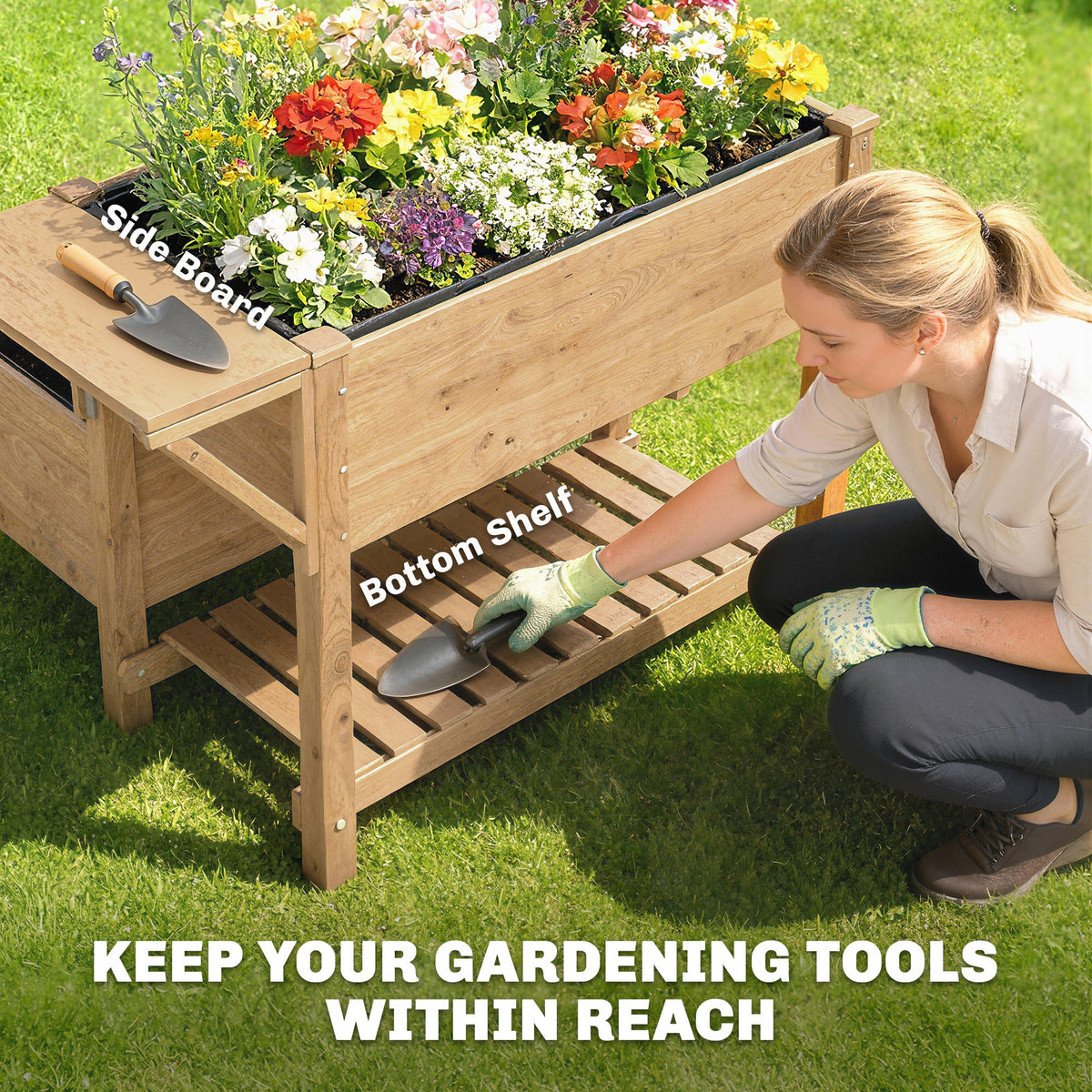 Wooden Raised Garden Bed, 2-Tier Raised Planter with Storage Shelf, Side Board, Drainage Holes and Liner