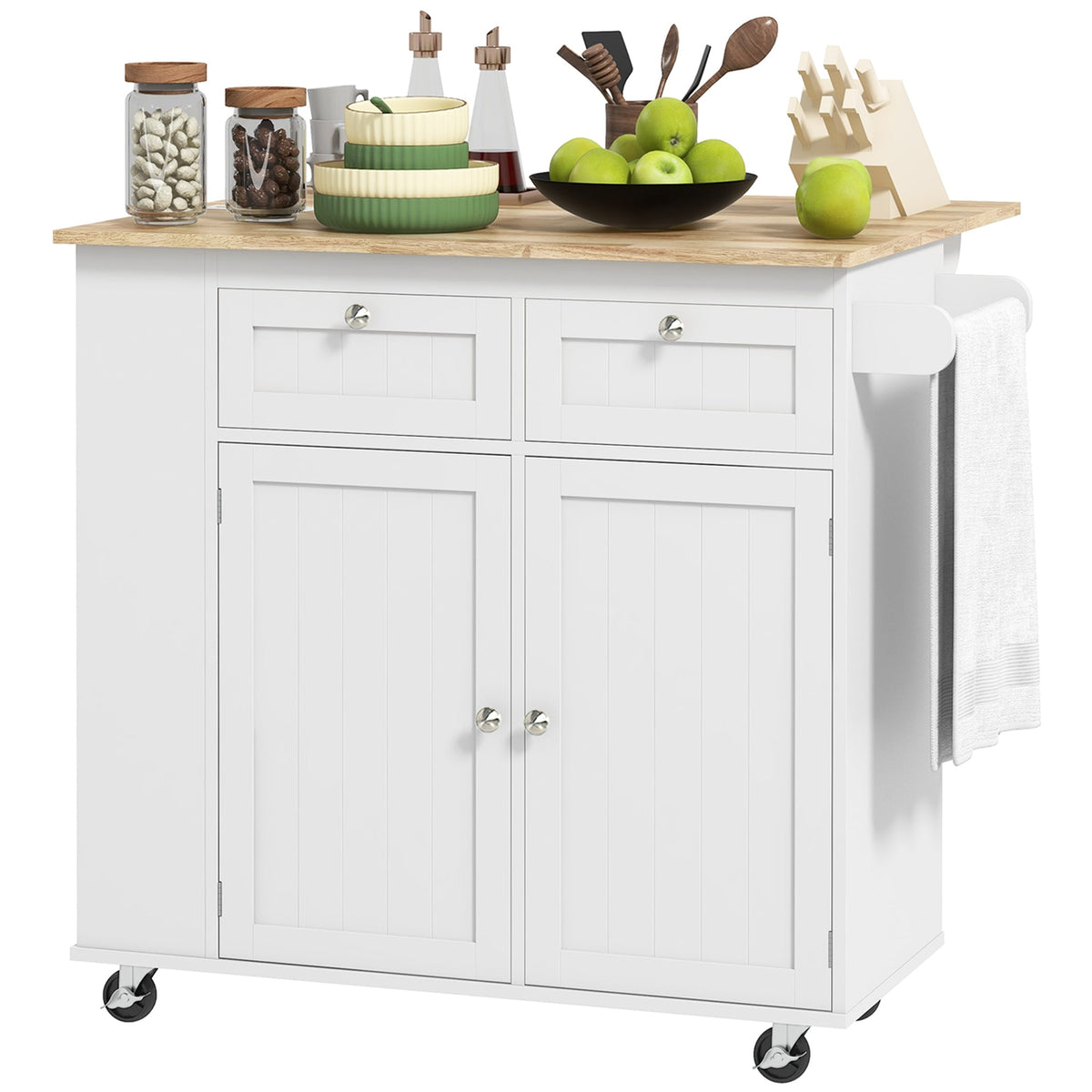 Kitchen Island with Power Outlet and Drop Leaf, Rolling Kitchen Cart with 2 Drawers and Adjustable Shelves, Black