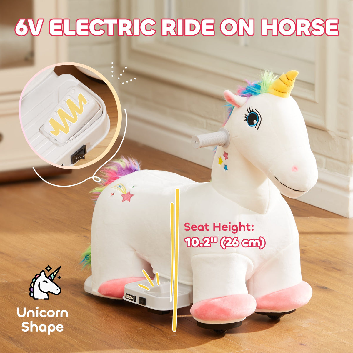 6V Ride on Unicorn, Battery Powered Kids Riding Pony with Music Forward, Aged 18-36 Months, White