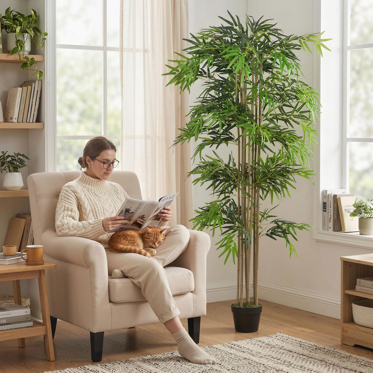 6FT Artificial Bamboo Tree, Fake Plant with 1530 Leaves, Greenery Plant in Nursery Pot for Indoor, Green