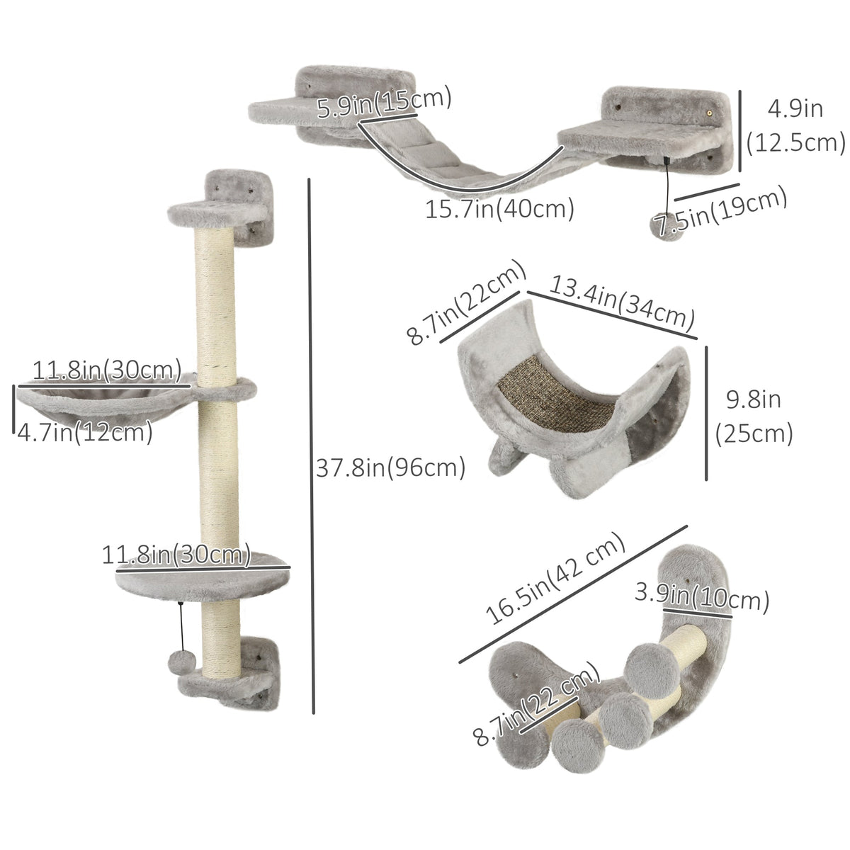 4Pcs Cat Wall Shelf with Scratching Post, Cat Wall Shelves for Relaxing, Climbing, Cat Wall With Soft Ladder, Hammock, Play Balls, Grey