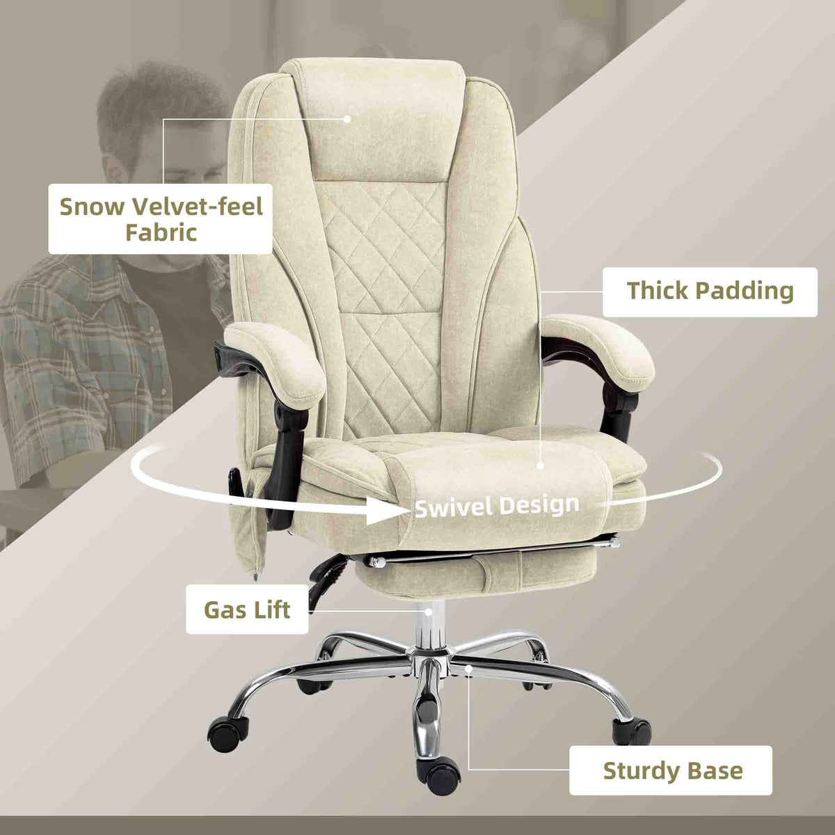 Massage Office Chair, Reclining Computer Chair with Adjustable Height and Footrest, Beige