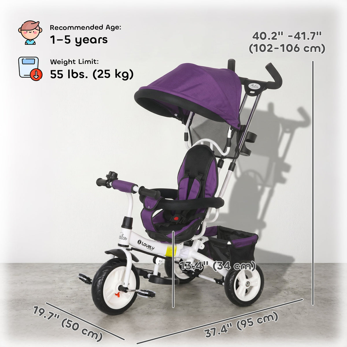 6 in 1 Toddler Tricycle Stroller with Basket, Canopy, 5-point Safety Harness, for 12-60 Months, Grey