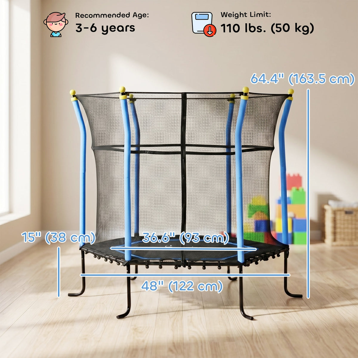 63" Kids Trampoline Mini Indoor Bouncer Jumper with Enclosure Net Elastic Thick Padded Pole Gift for Child Toddler Age 3-6 Years Old Blue