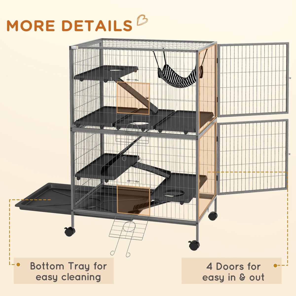 5-Tier Rolling Small Animal Cage, Deluxe Guinea Pig Cage, Ferret Cage for Mink Chinchilla Kitten Rabbit, Grey
