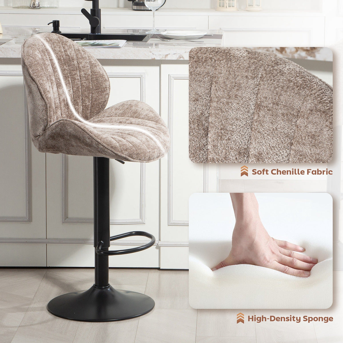 Bar Stools Set of 2, Swivel Barstools with Back, Adjustable Height and Footrest for Kitchen Island, Dining Room, Beige