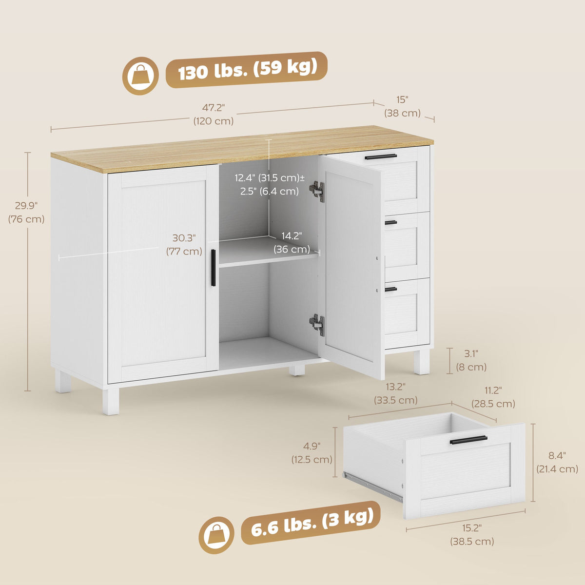 Vesper Modern Sideboard with 3 Drawers and Soft-Close Doors-White