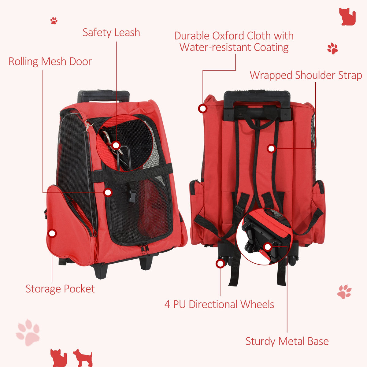 2-IN-1 Pet Luggage Box Backpack Carrier Cats Dogs w/ Handle, Rolling Wheel Grey