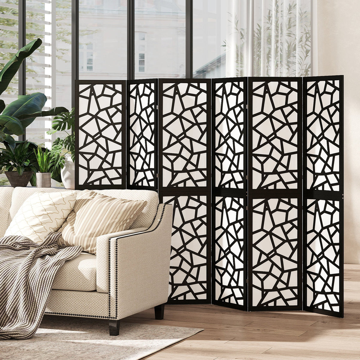 4 Panel Room Divider, 5.6 FT Lightweight Folding Privacy Screen with Geometric Pattern for Living Room, Bedroom, Black