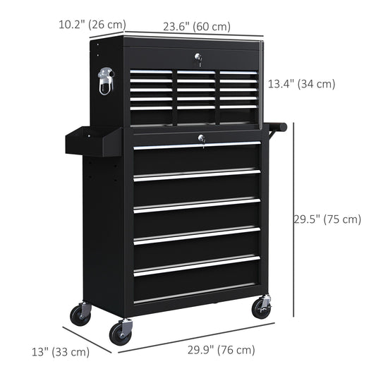 14 Drawer Rolling Tool Chest, Lockable Tool Storage Cabinet with Detachable Top Toolbox, Protective Liner, Black