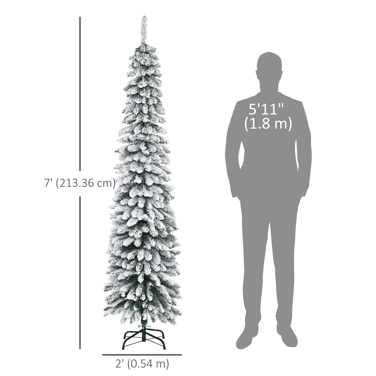 6 Ft Snow-Flocked Artificial Christmas Tree, Slim Pencil Xmas Tree with Realistic Branches, Metal Base, Green
