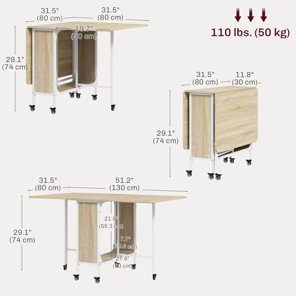 Folding Dining Table, Extendable Kitchen Table for Small Spaces with Storage Shelf and 6 Wheels, Distressed Grey
