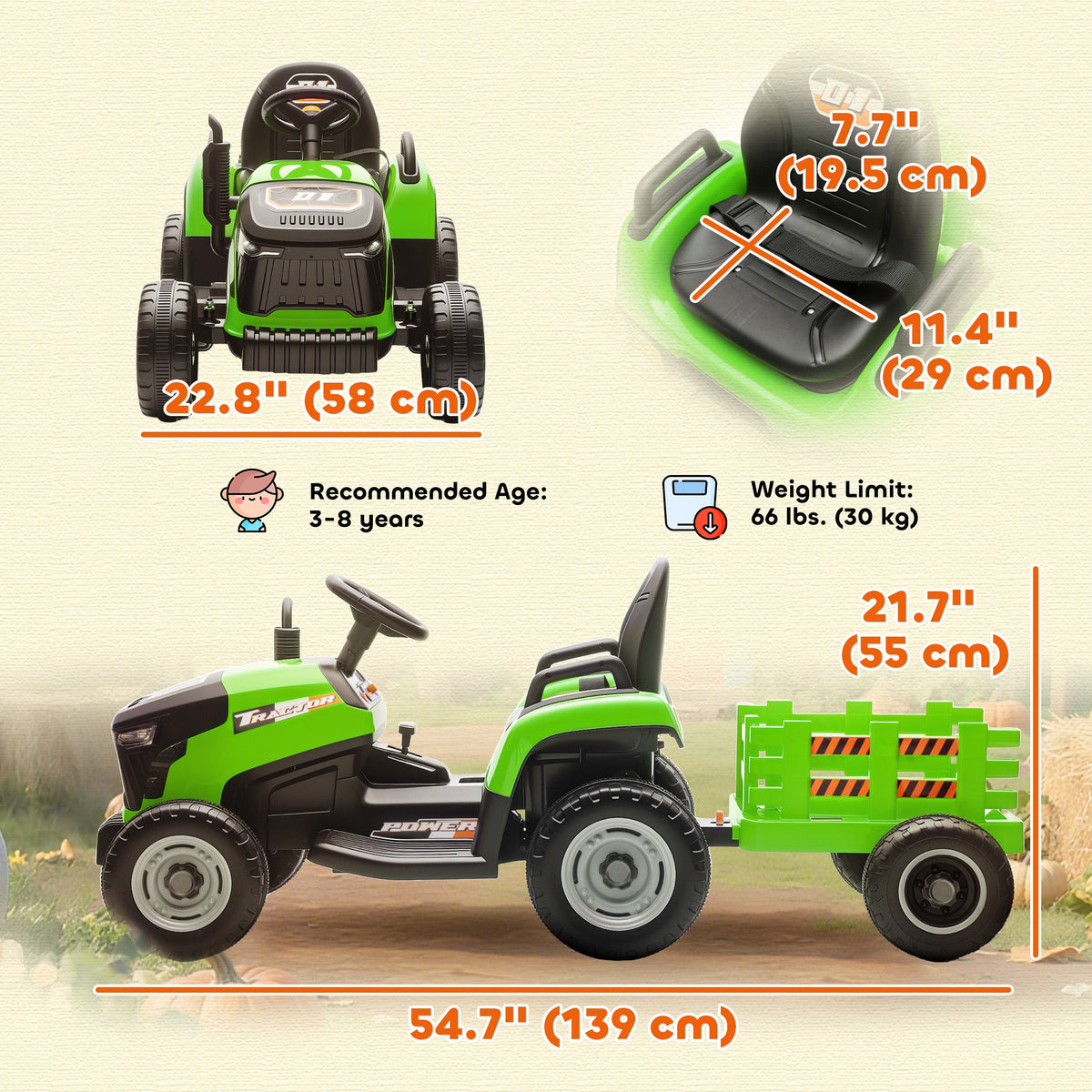 12V Kids Ride On Tractor with Trailor, Remote Control, Music, Lights, Shifter, for Kids Ages 3-8 Years, Blue