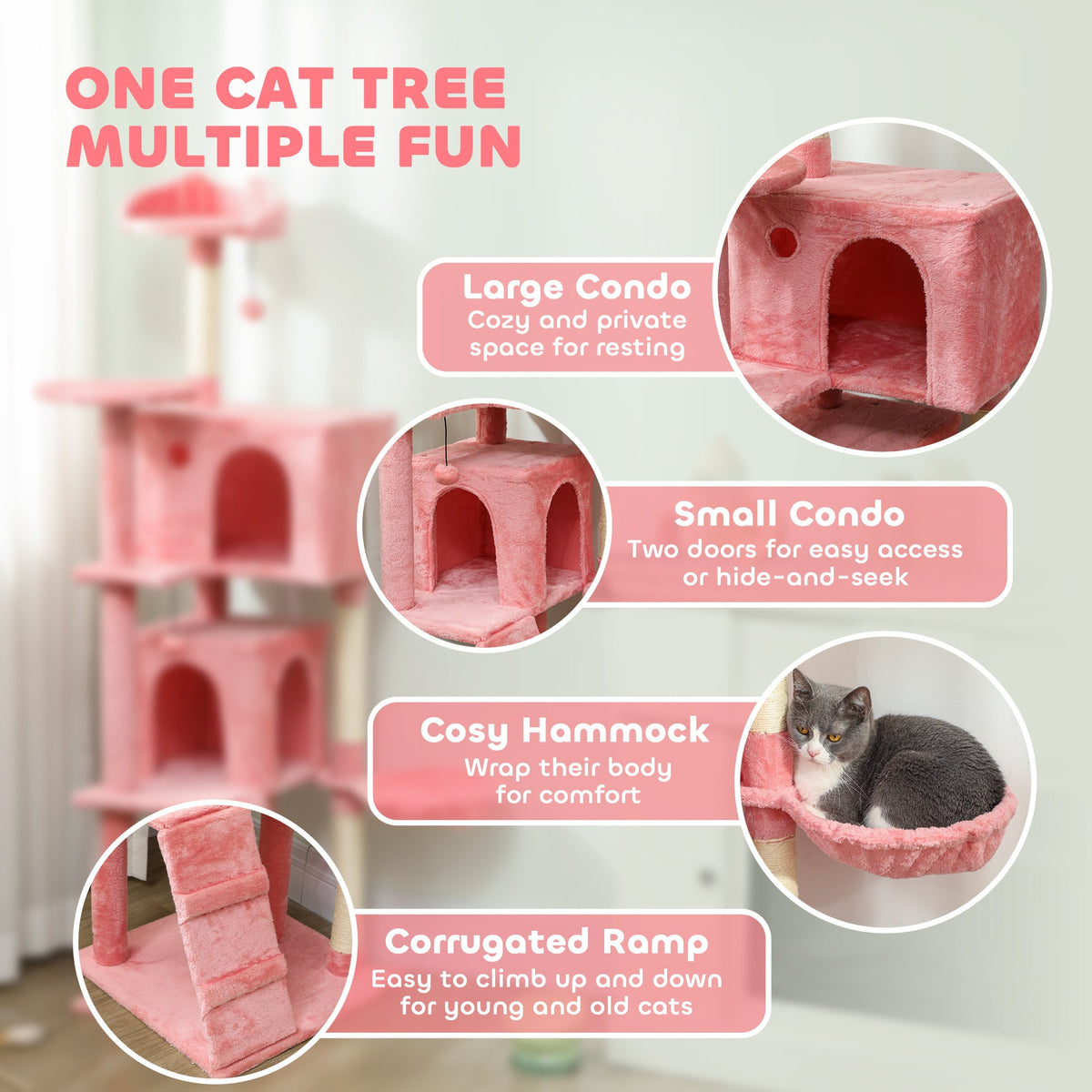 63 Inch Cat Tree with Sisal Scratching Posts, Condos, Plush Perches, Hammock, Ladder, Dangling Balls, Beige