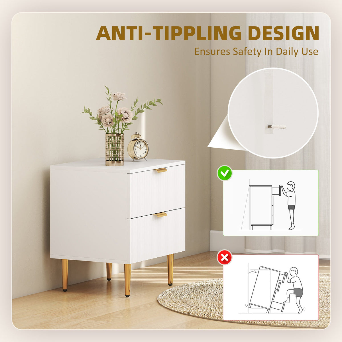 Bedside Table, Modern Nightstand with 2 Drawers, Side End Table with Metal Legs for Living Room, Bedroom, White