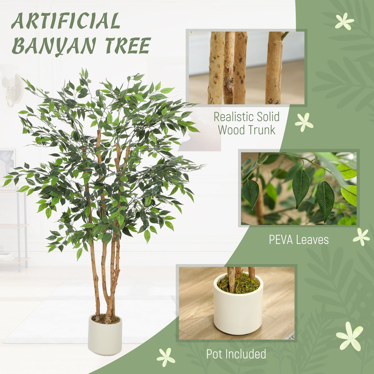 4FT Artificial Banyan Tree Set of 2, Fake Potted Tree with Solid Wood Trunk and Pot for Indoor