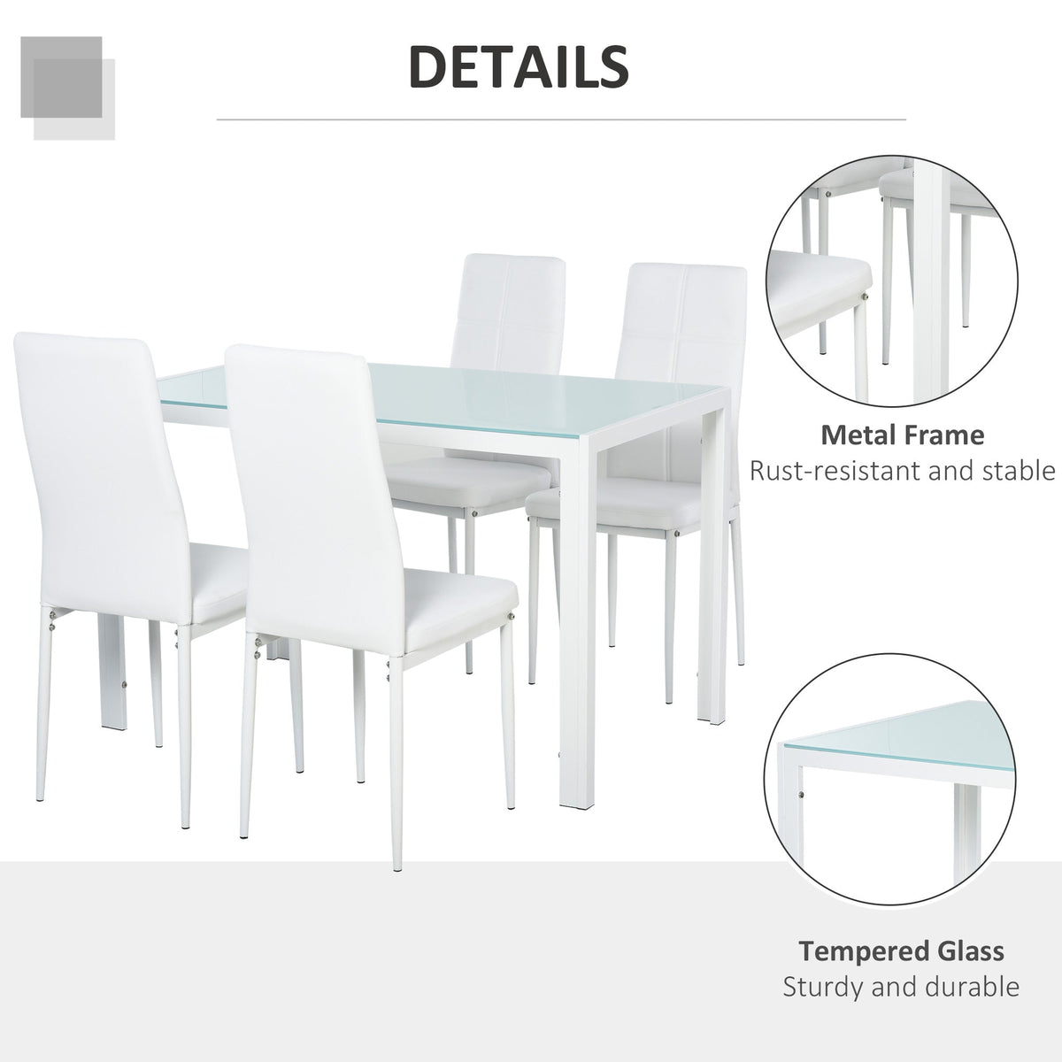5-Piece Rectangular Glass Kitchen Table and Chairs with Metal Frame and Faux Leather Upholstery for Dining Room, Black