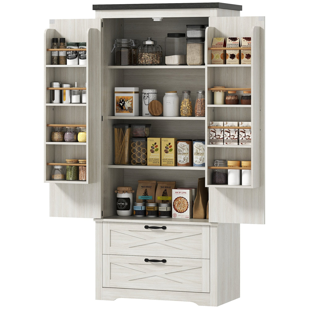 Farmhouse Kitchen Pantry Storage Cabinet, 64" Freestanding Kitchen Pantry Cabinet with Drawers, Distressed Black