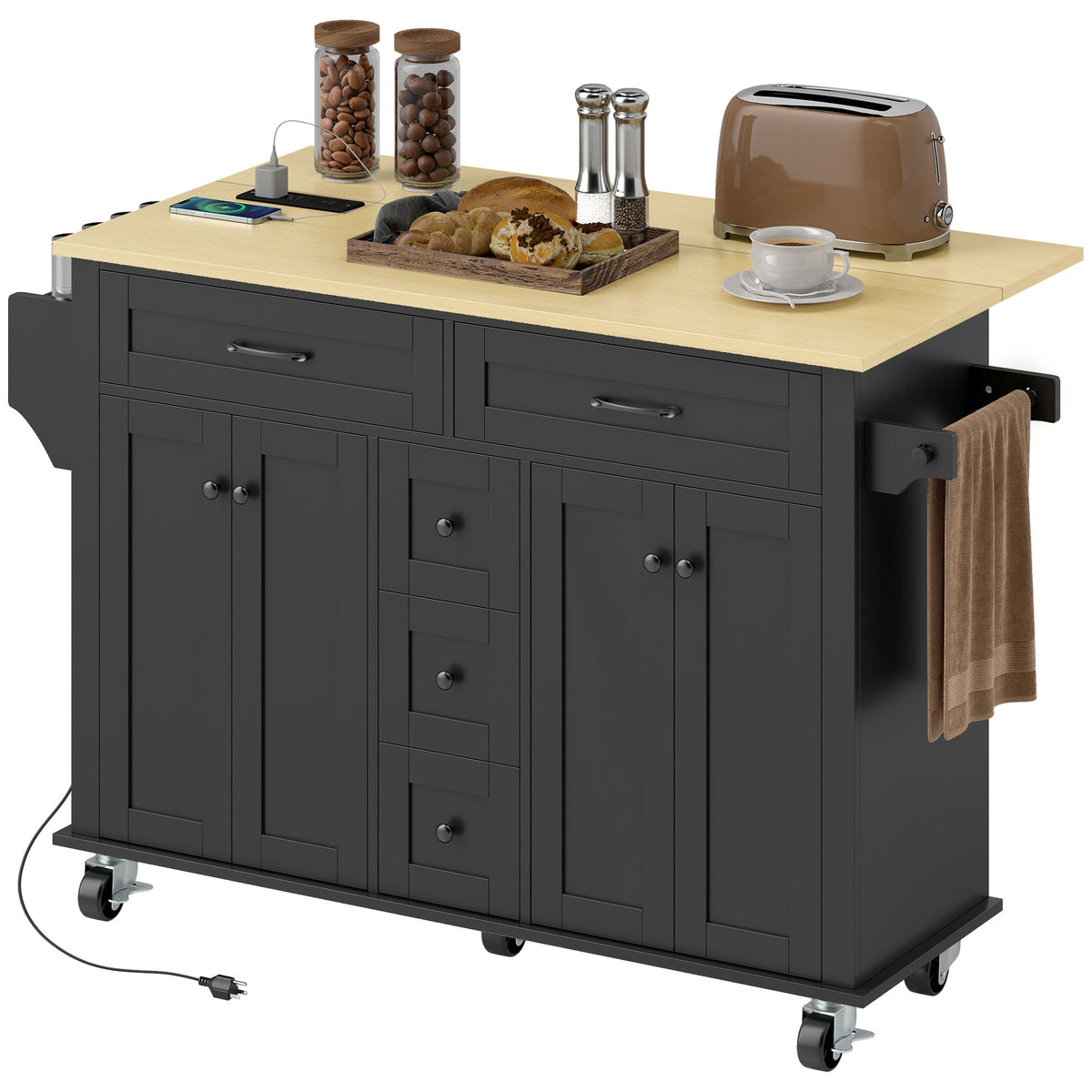 Kitchen Island Cart with Power Outlet & Drop Leaf, 55" Rolling Kitchen Island on Wheels with Storage, Black