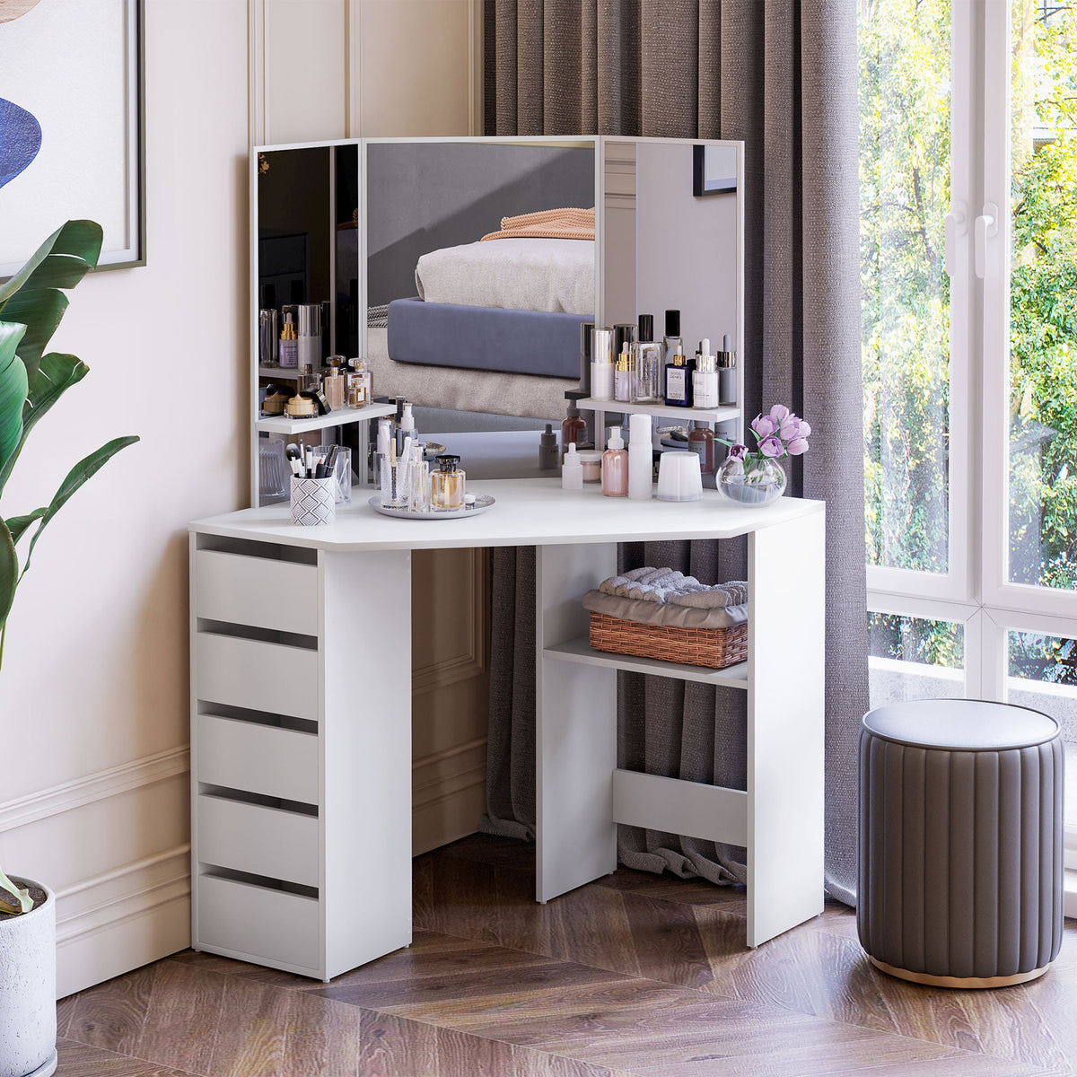 Corner Vanity Desk with Mirror, Makeup Vanity Table with 5 Drawers and Open Shelves, Dressing Table with 3-piece Mirror for Bedroom, Black