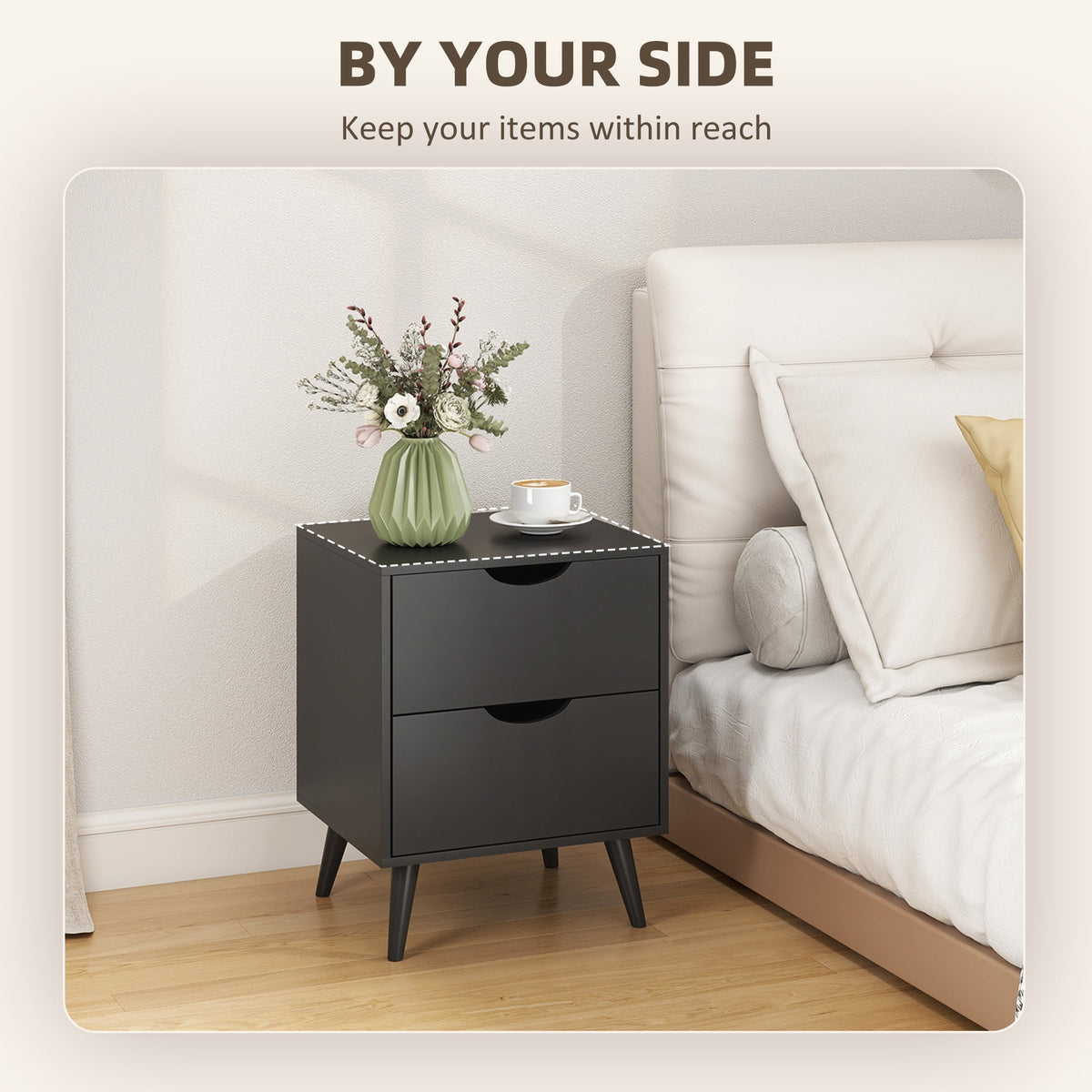 Modern Bedside Table, Nightstand with 2 Drawers and Pine Wood Legs for Bedroom, Living Room, White