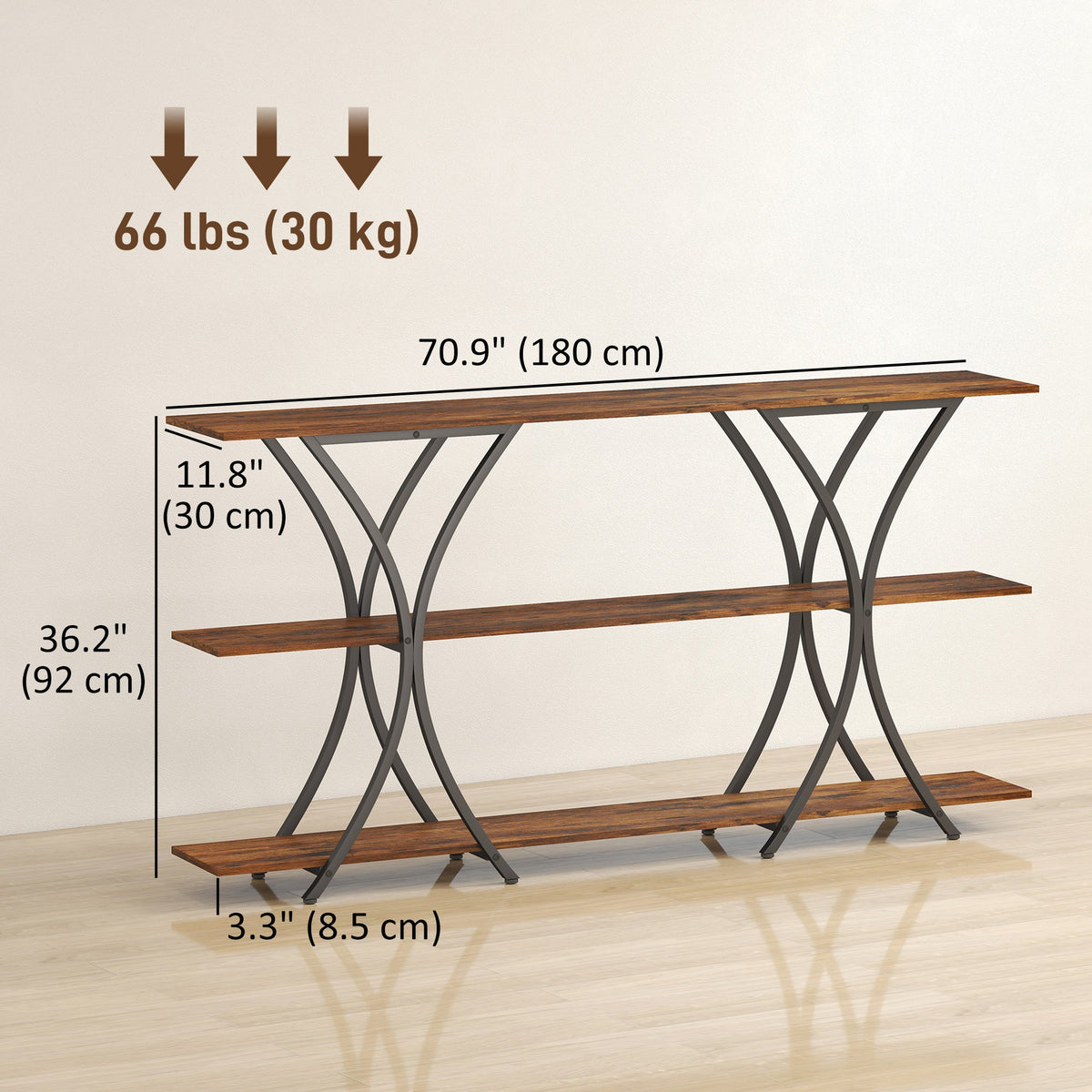 71" Console Table, 3-Tier Industrial Entryway Table with 2 Storage Shelves for Living Room, Hallway, Rustic Brown
