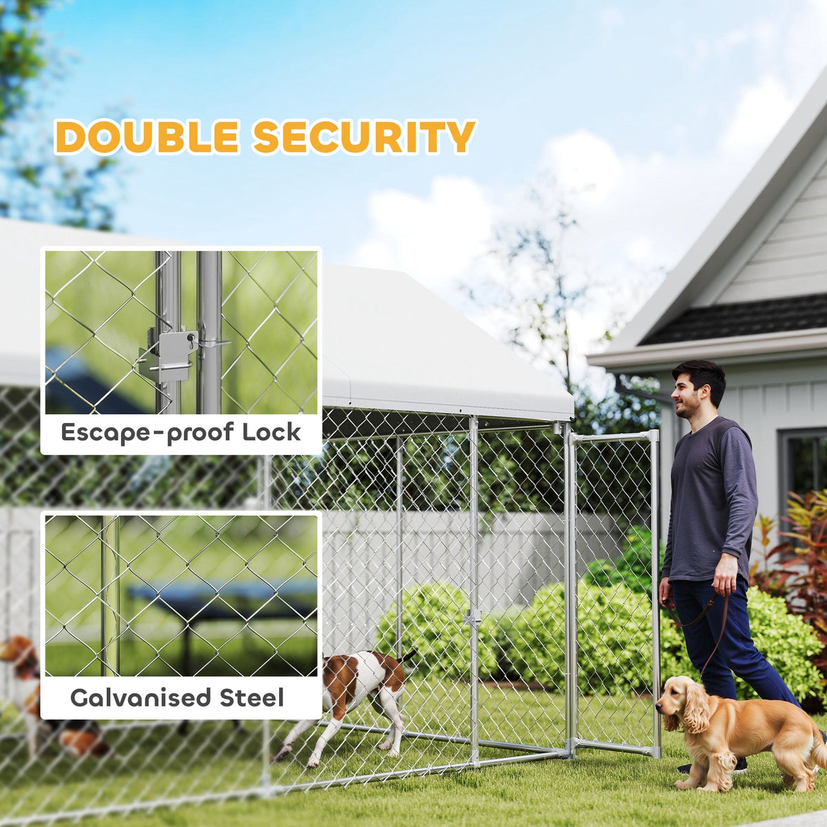 Galvanized Steel Outdoor Dog Kennel with Roof, Safety Lock, for Backyard, 13.1' x 7.5' x 7.8'