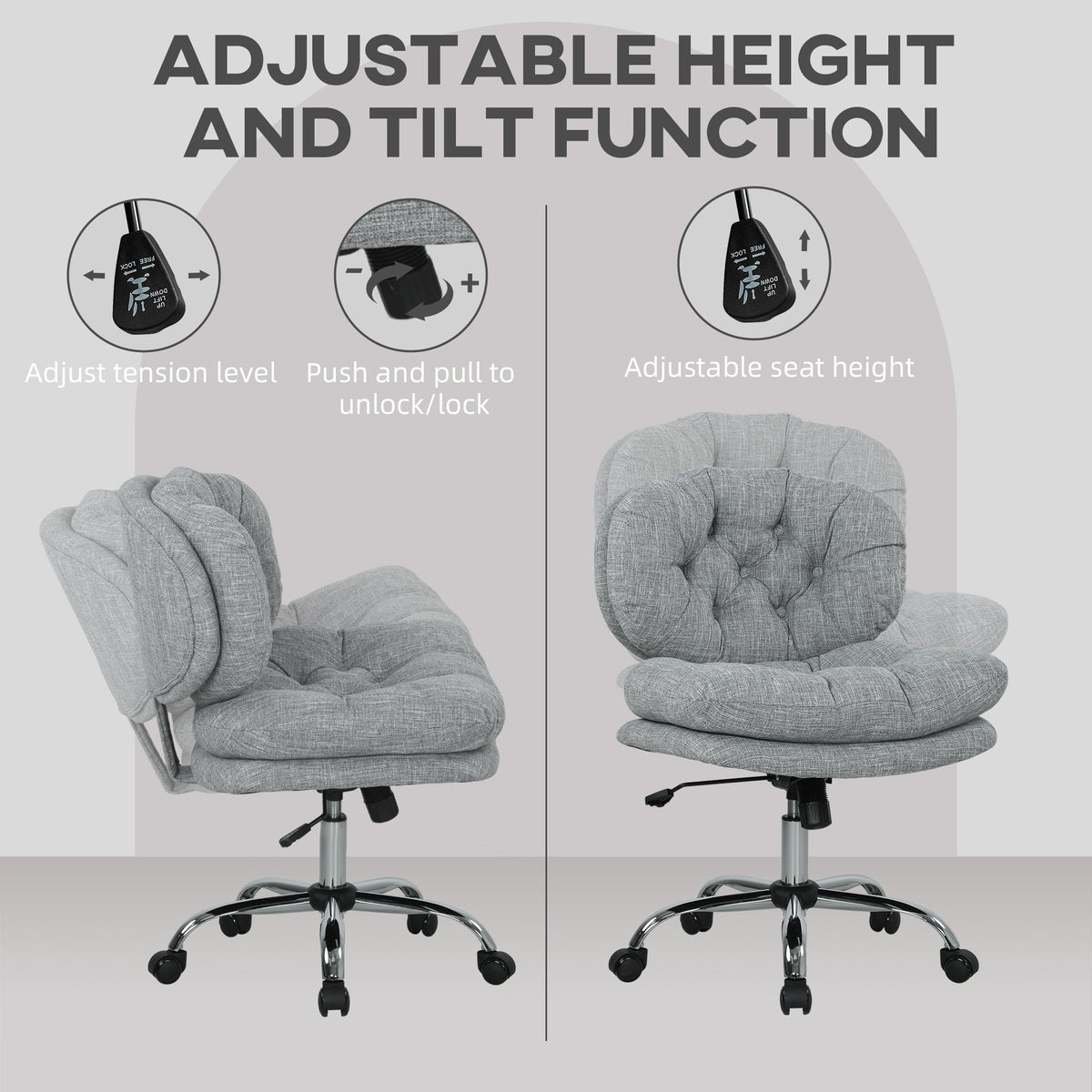 Computer Desk Chair, Armless Office Chair with Wide Padded Seat and Adjustable Height, Cream White