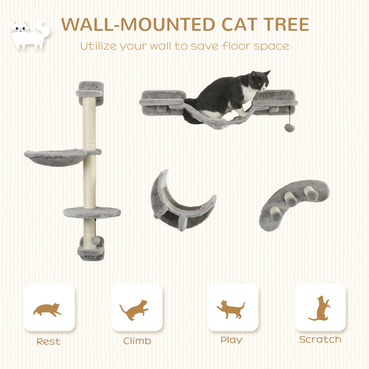 4Pcs Cat Wall Shelf with Scratching Post, Cat Wall Shelves for Relaxing, Climbing, Cat Wall With Soft Ladder, Hammock, Play Balls, Grey