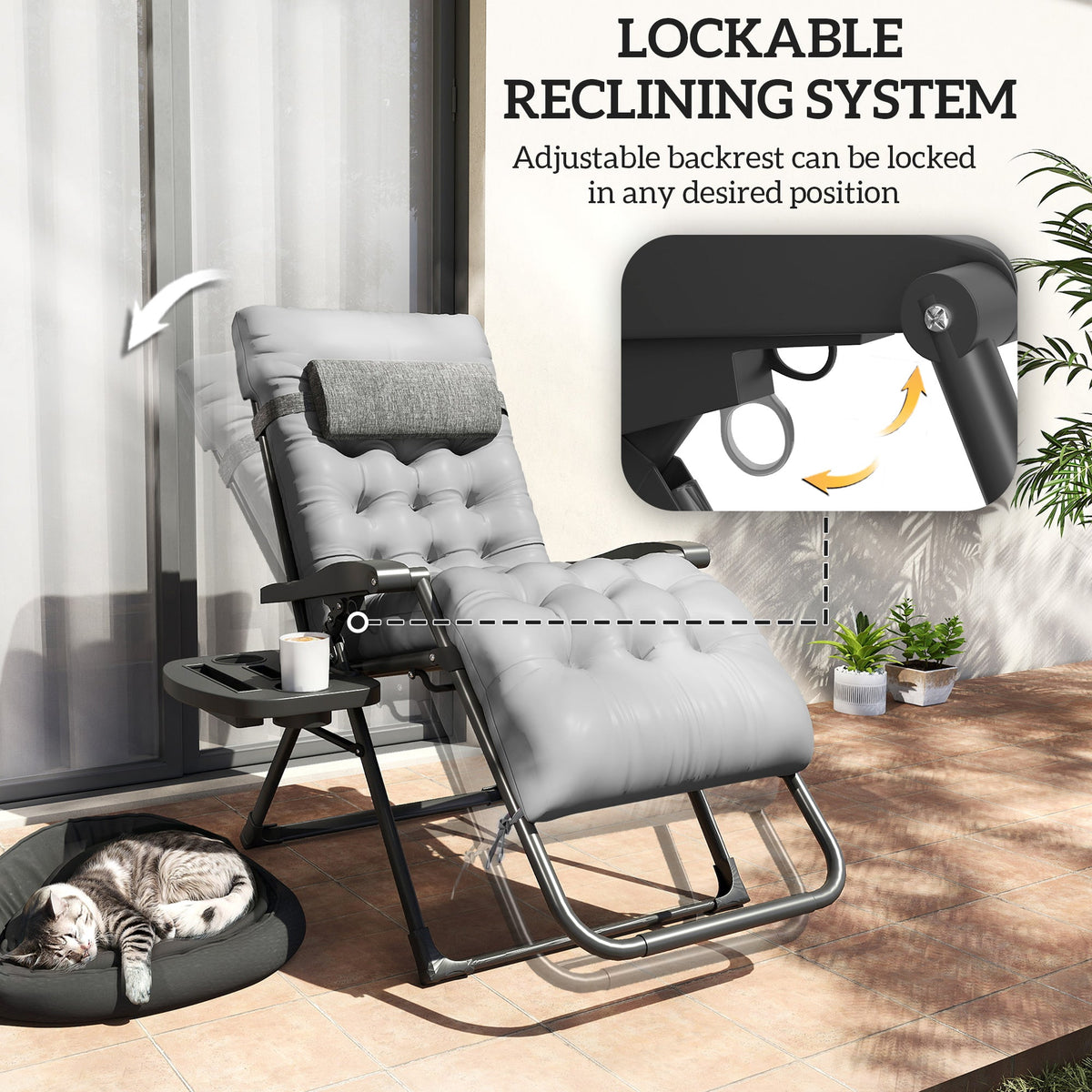 Padded Folding Recliner Chair, Patio Lounger with Cupholder, Adjustable Backrest, Removable Cushion, Black