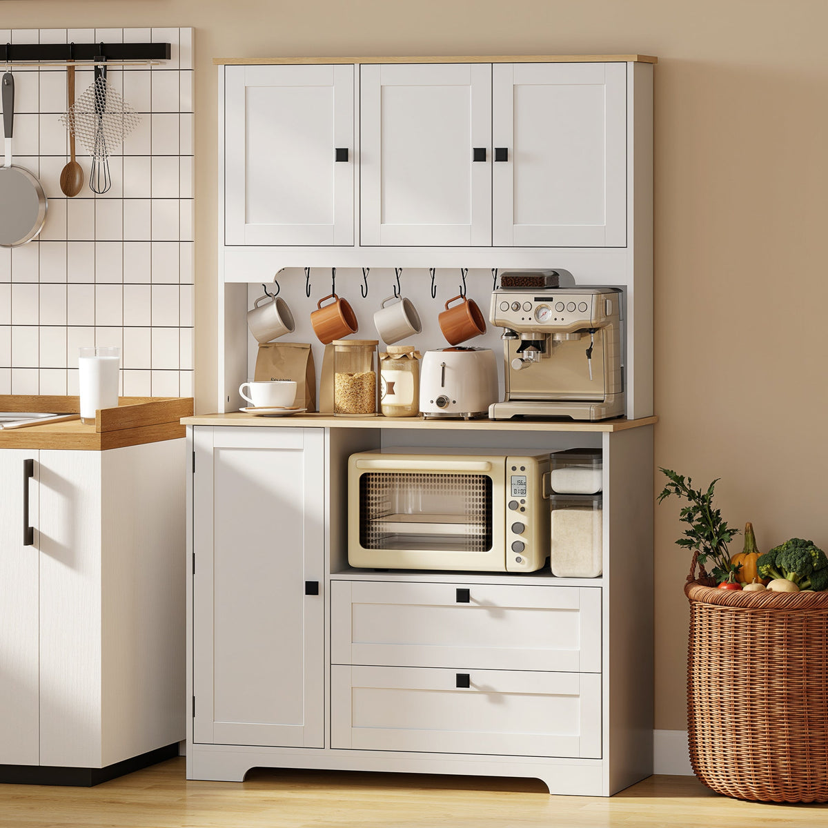 Kitchen Pantry Cabinet, 64" Tall Kitchen Hutch with 3 Cabinets, 2 Drawers, Adjustable Shelves, Microwave Stand, Black