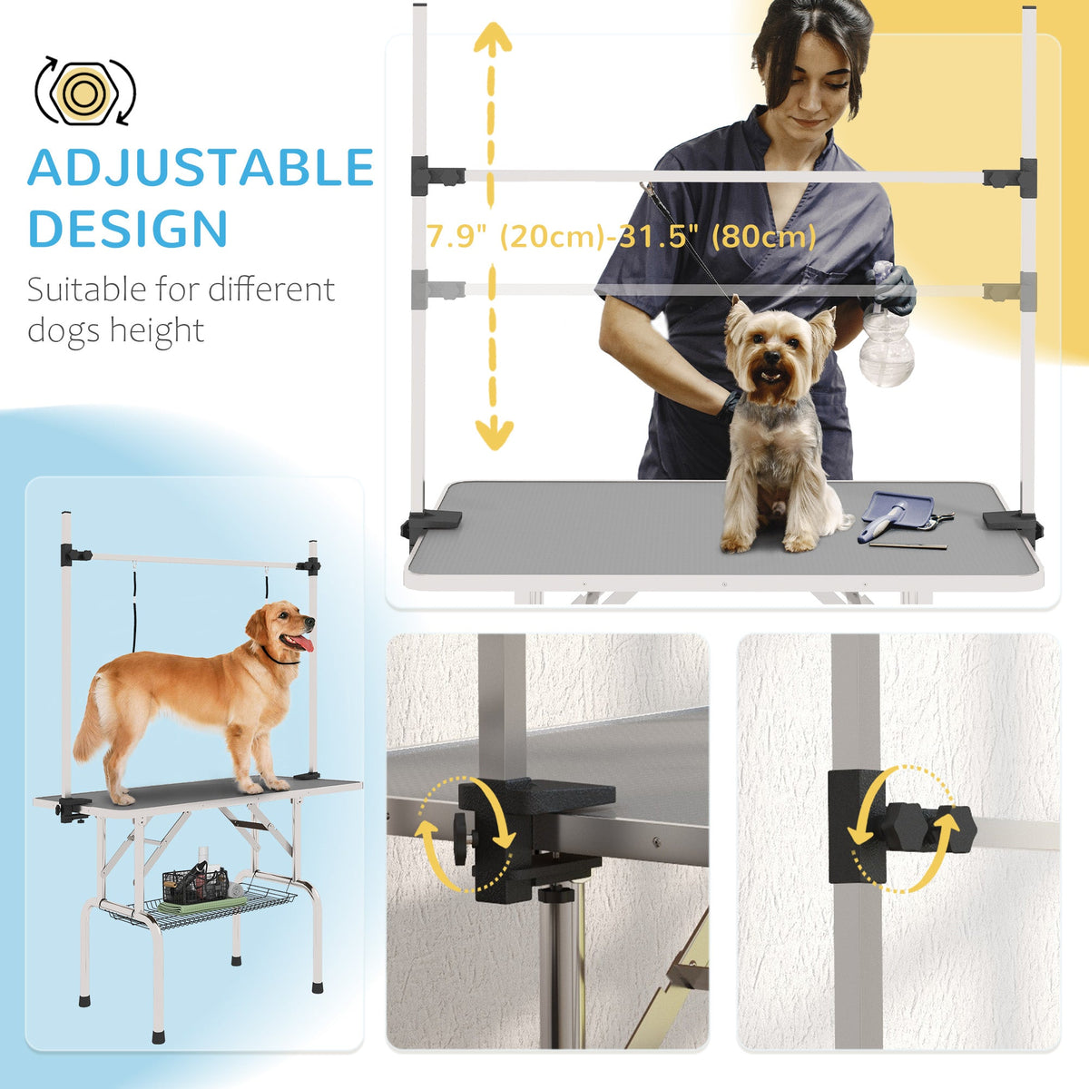 Adjustable Dog Grooming Table with 2 Safety Slings, Storage Basket, Black