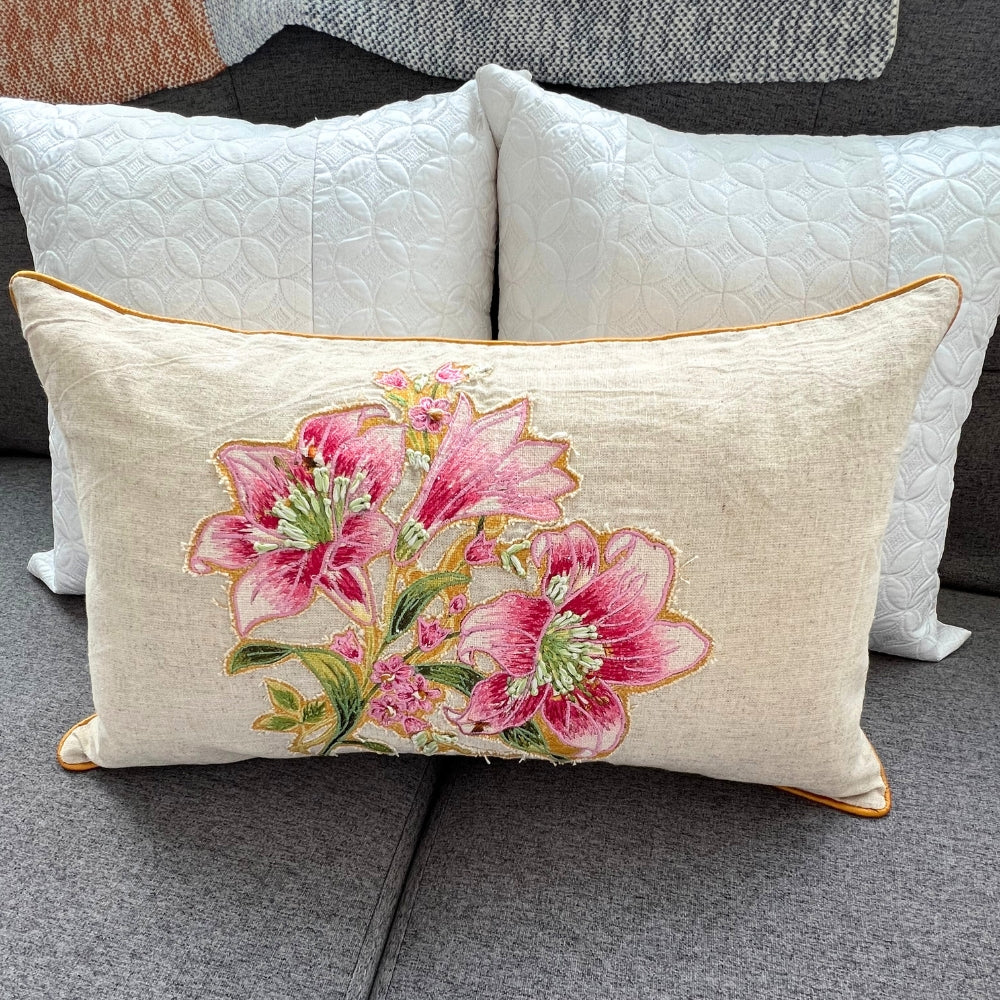 12x20" Embroidered Floral Lumbar Pillow Cover – Cotton Front, Paper Silk Back