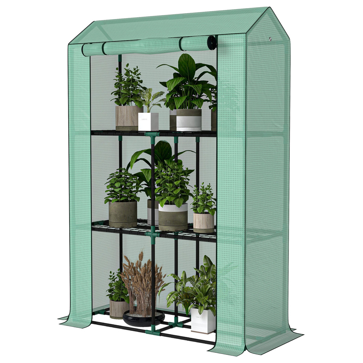 Mini Greenhouse with 3 Tier Shelves, 3 Roll-Up Doors for Indoor Outdoor, Green