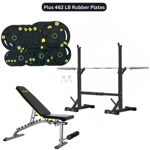 Squat Rack, Bench, Barbell & Weight Plates Stack